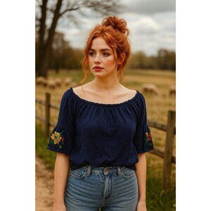 Love Tree Me Boho Off-Shoulder Top Floral Embroidered Bell Sleeves Peasant Shirt